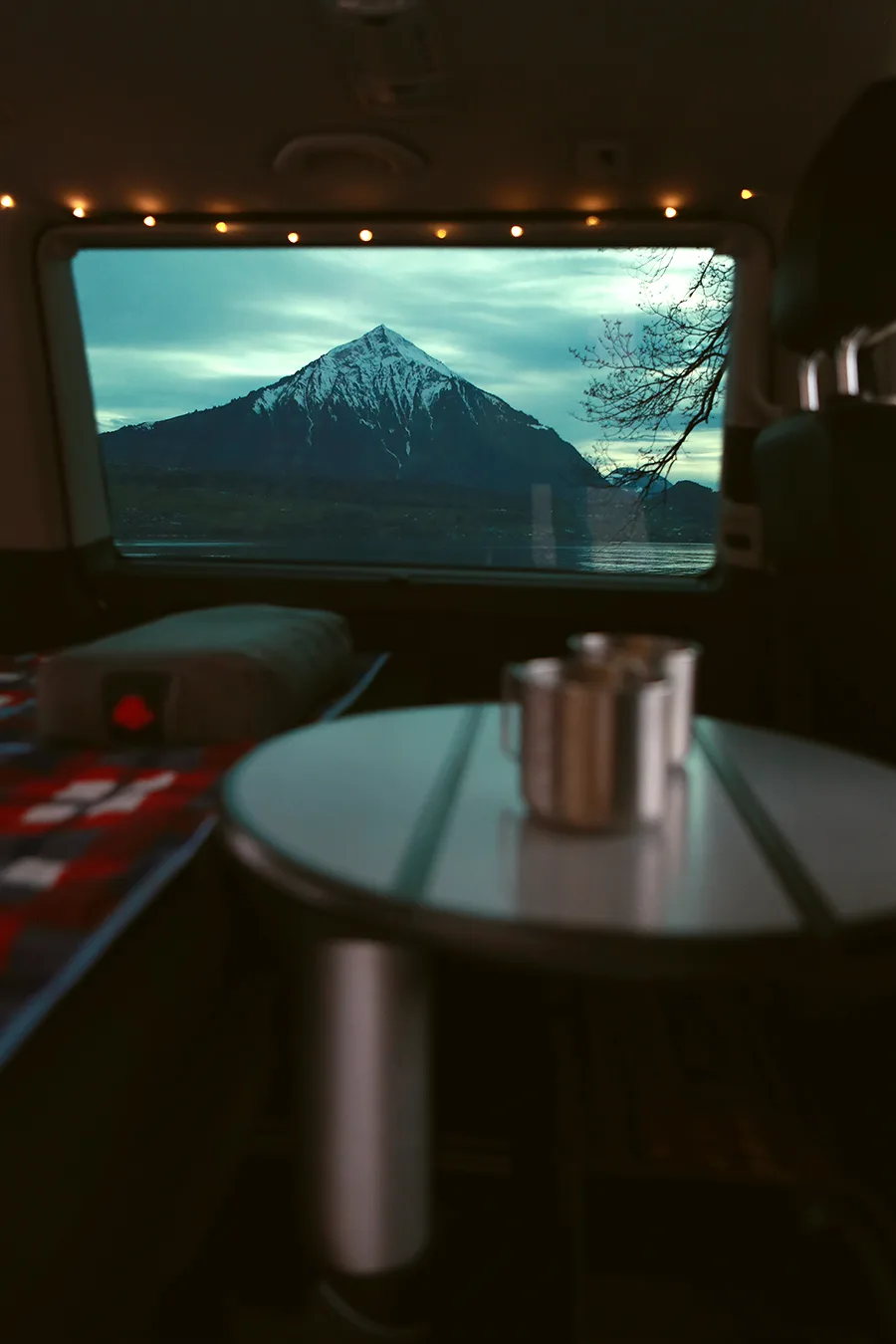 Van parked by the lake
